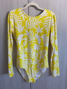 kate spade Yellow & White Tropical-Print Long Sleeve Bodysuit Sz L